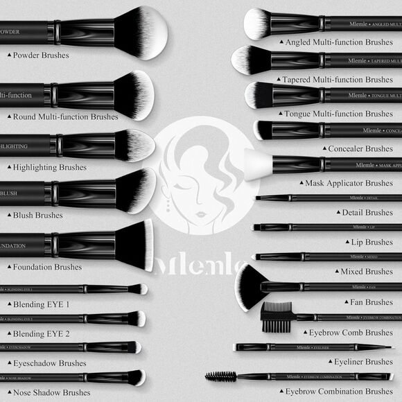Mlemle 26 Pcs A01-Black Makeup Brushes Set And 2 Powder Puff 3 Makeup Sponge - Picture 3 of 5